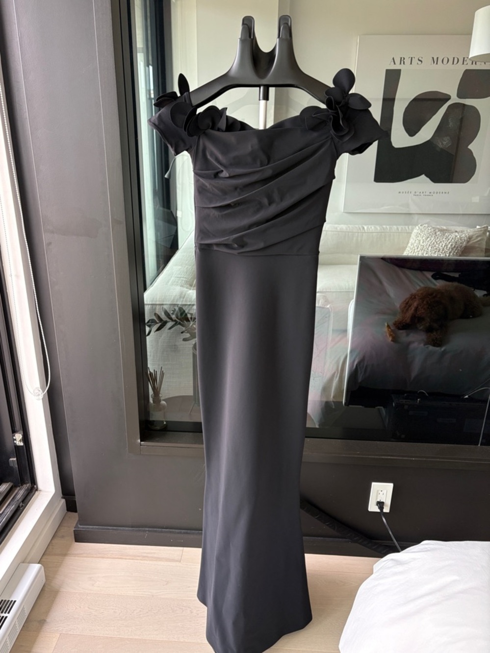 Chiara Boni Black One-Shoulder Column Gown with Floral Shoulder Detail